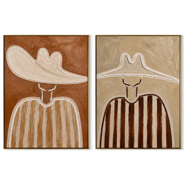 Soft Sombreros Hold Time – brown Western Portrait Diptych Painting | Modern Vintage Americana Set of 2 Wall Art