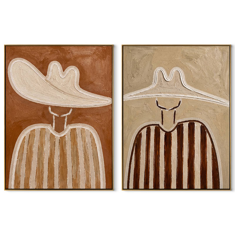 Soft Sombreros Hold Time – brown Western Portrait Diptych Painting | Modern Vintage Americana Set of 2 Wall Art