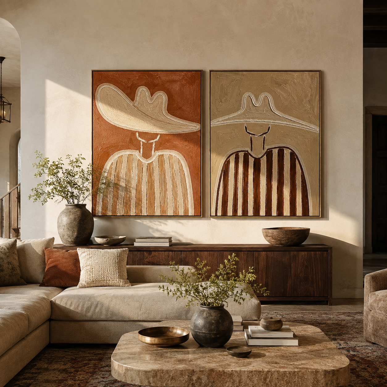 Soft Sombreros Hold Time diptych presented with natural materials and decor