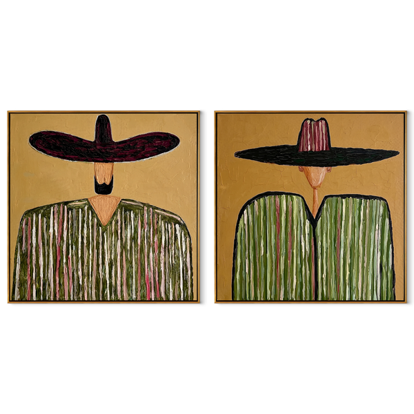 Black Stripes Cross Green – black Western Portrait Diptych Painting | Modern Vintage Americana Set of 2 Wall Art