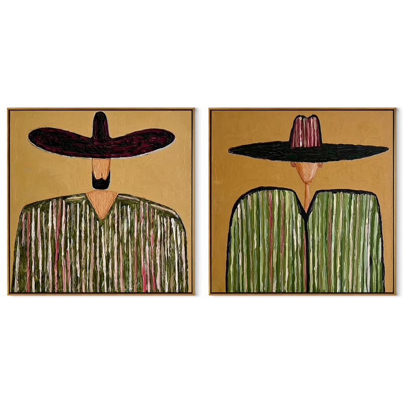 Black Stripes Cross Green – black Western Portrait Diptych Painting | Modern Vintage Americana Set of 2 Wall Art