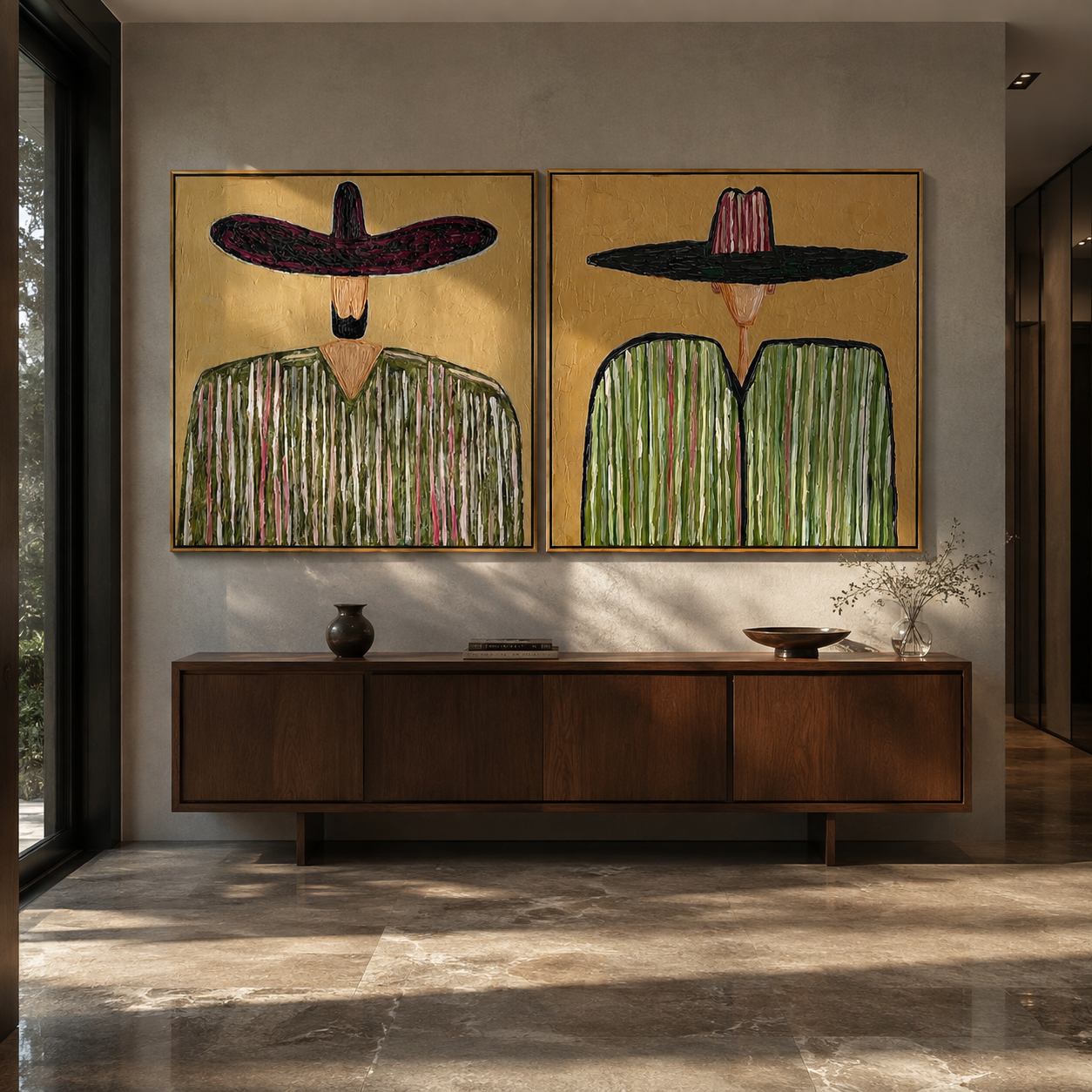 Black Stripes Cross Green diptych presented with natural materials and decor