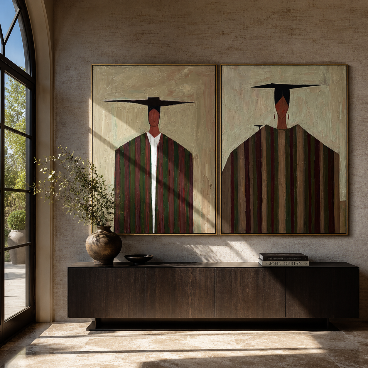 Tall Figures Divide Earth Western diptych displayed in a contemporary interior