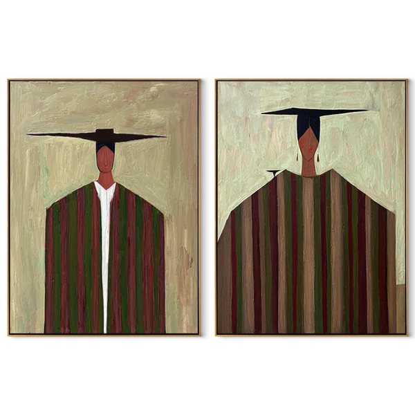 Tall Figures Divide Earth – brown Western Portrait Diptych Painting | Modern Vintage Americana Set of 2 Wall Art