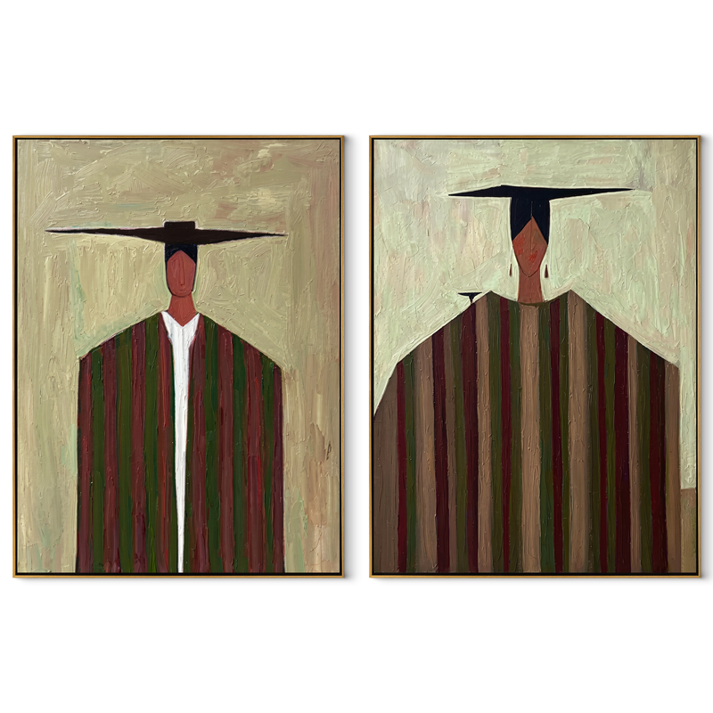 Tall Figures Divide Earth – brown Western Portrait Diptych Painting | Modern Vintage Americana Set of 2 Wall Art