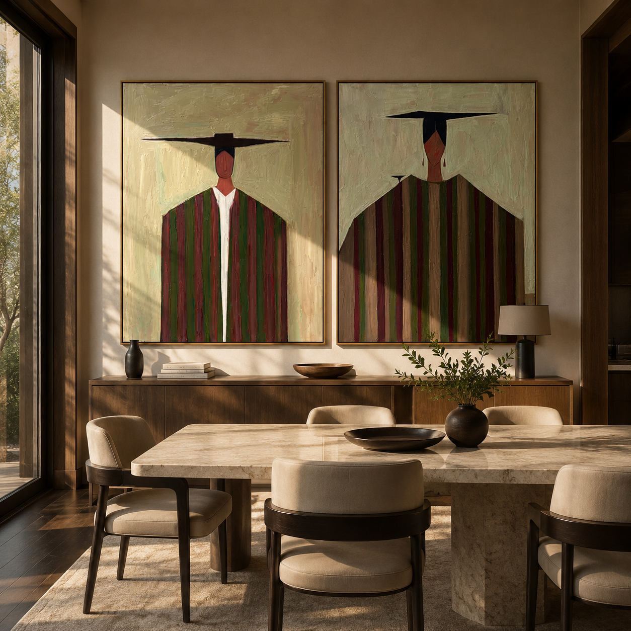 Tall Figures Divide Earth paired wall art styled above modern furniture