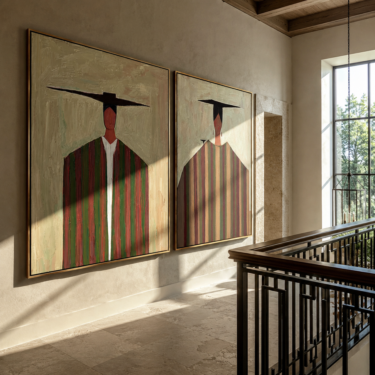 Tall Figures Divide Earth Vintage Americana diptych in a collected room