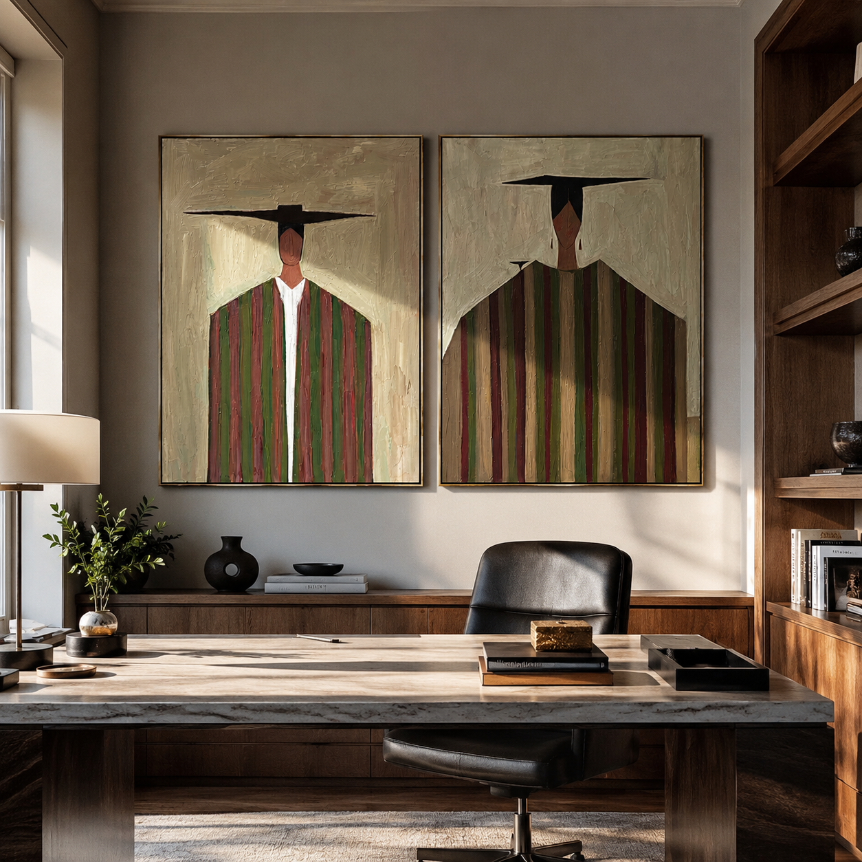 Tall Figures Divide Earth two-panel Western artwork with layered color
