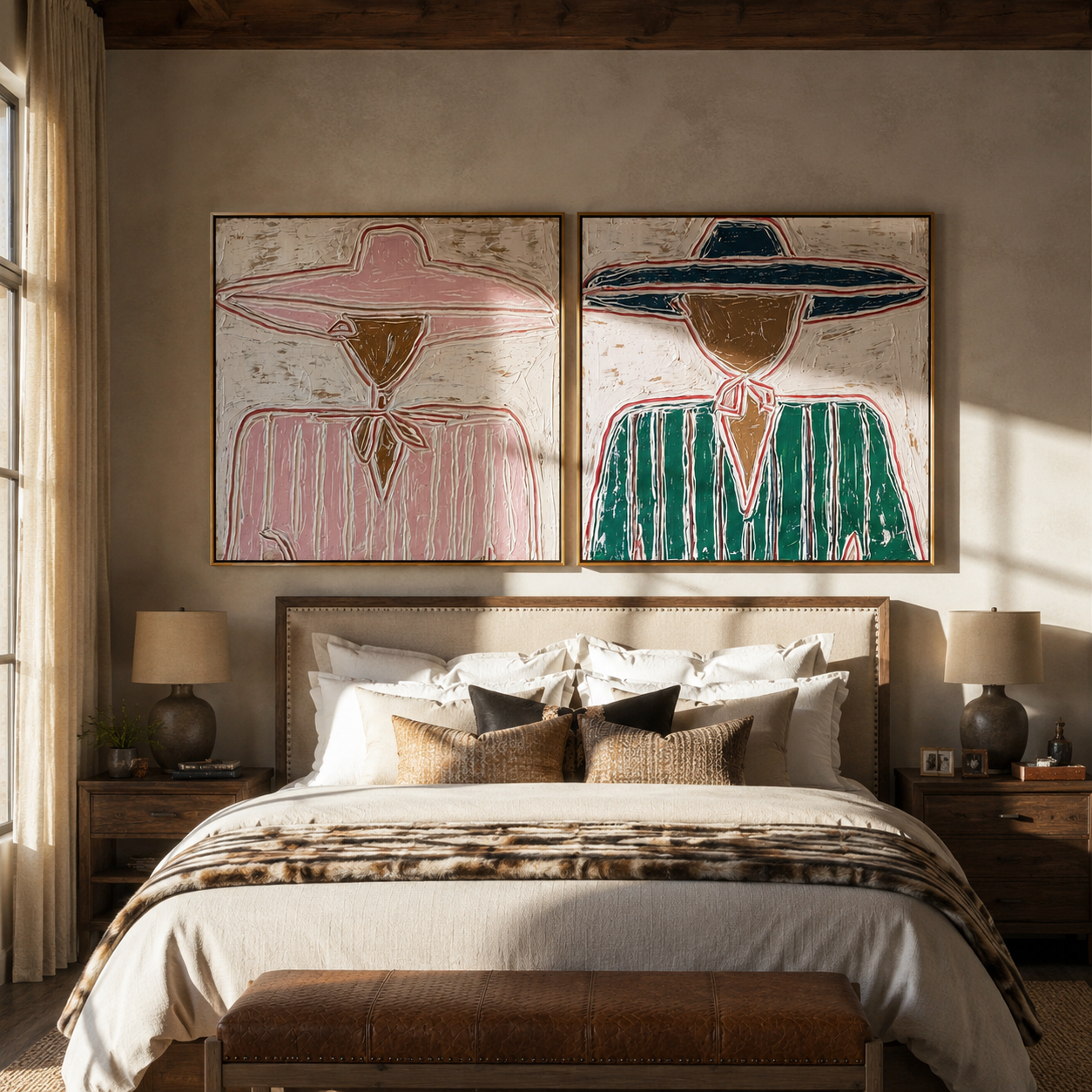 Bandana Lines Face Forward Western diptych displayed in a contemporary interior