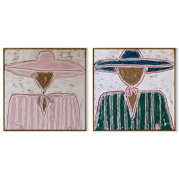 Bandana Lines Face Forward – pastel blue Western Portrait Diptych Painting | Modern Vintage Americana Set of 2 Wall Art