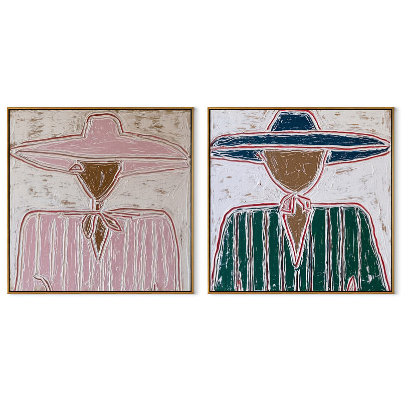 Bandana Lines Face Forward – pastel blue Western Portrait Diptych Painting | Modern Vintage Americana Set of 2 Wall Art