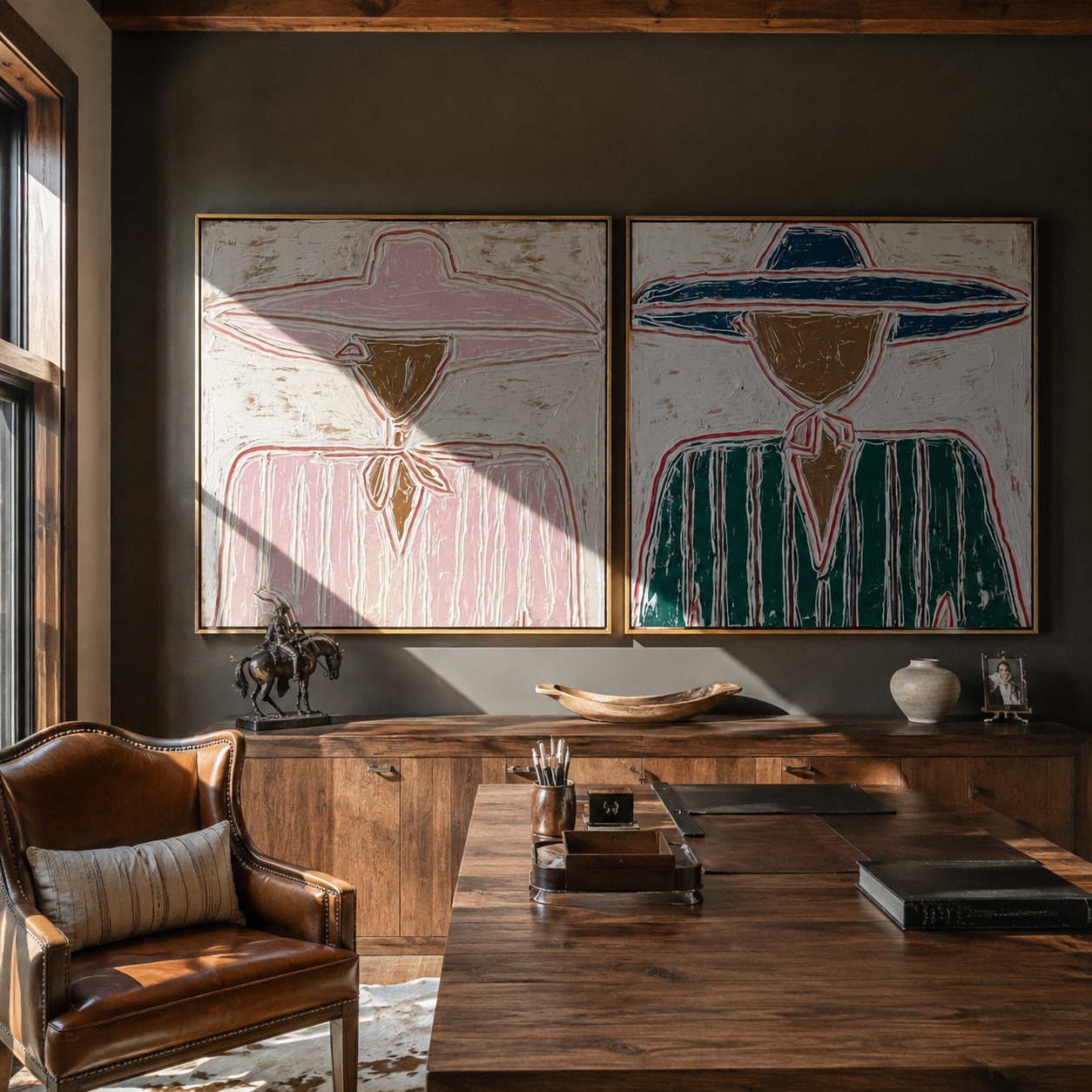Bandana Lines Face Forward diptych presented with natural materials and decor