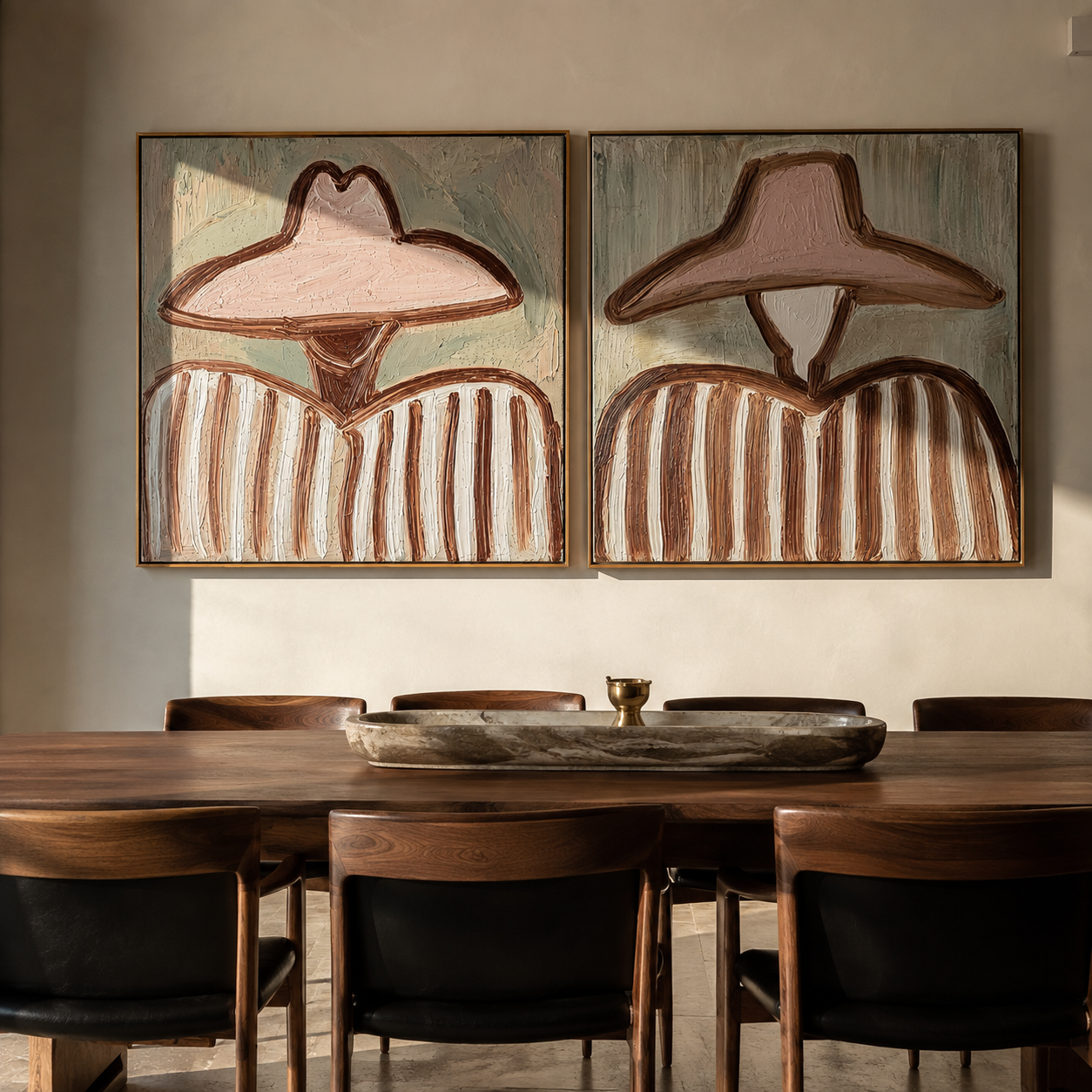Wide Hats Hold Pastels Western diptych displayed in a contemporary interior
