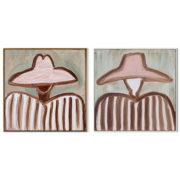 Wide Hats Hold Pastels – pink Western Portrait Diptych Painting | Modern Vintage Americana Set of 2 Wall Art