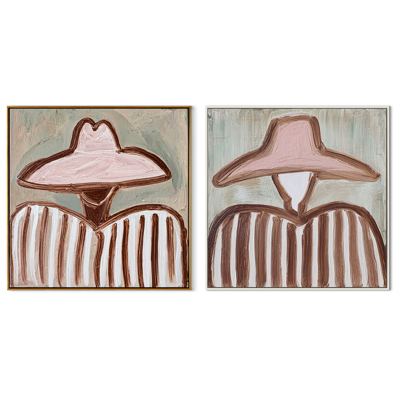 Wide Hats Hold Pastels – pink Western Portrait Diptych Painting | Modern Vintage Americana Set of 2 Wall Art
