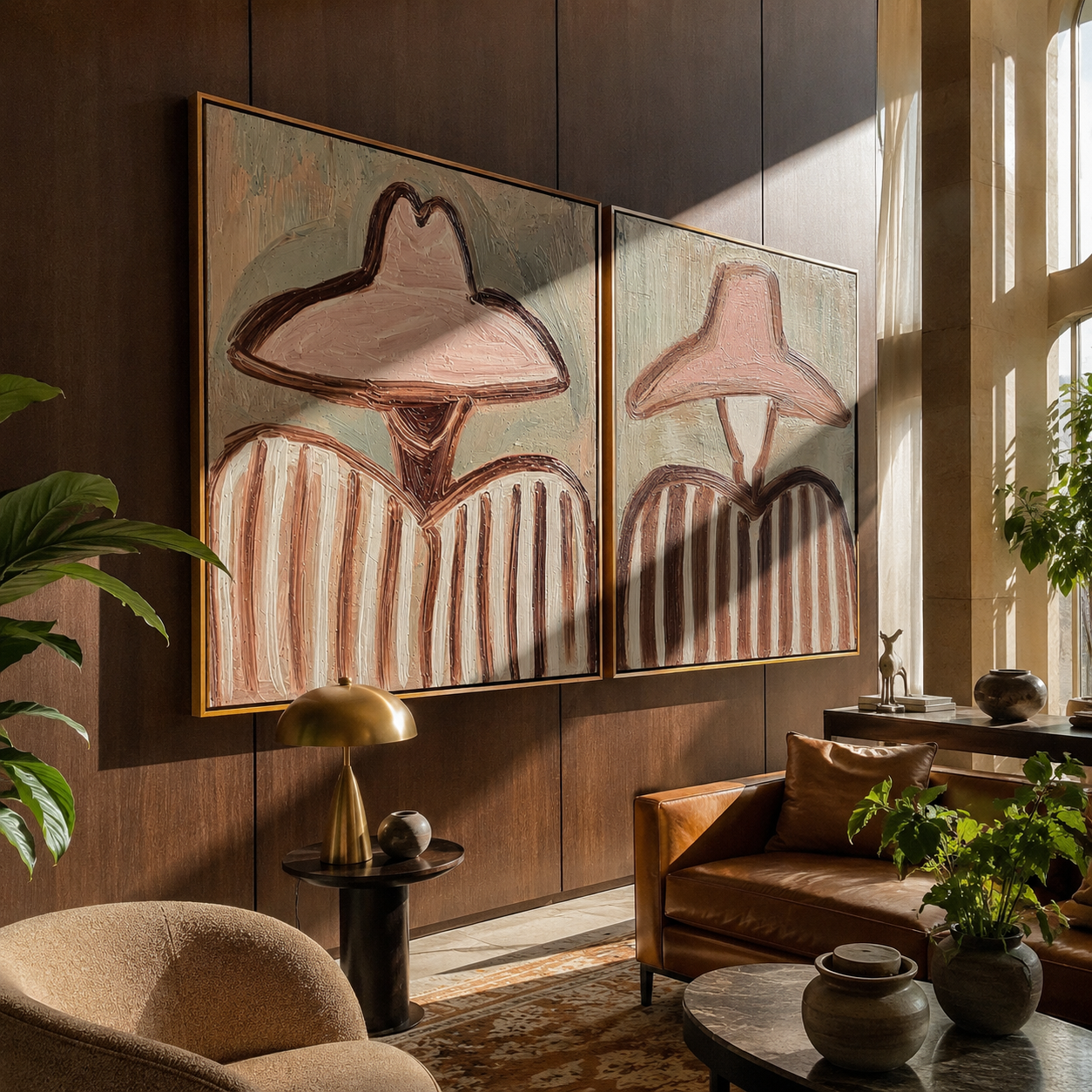 Wide Hats Hold Pastels paired wall art styled above modern furniture