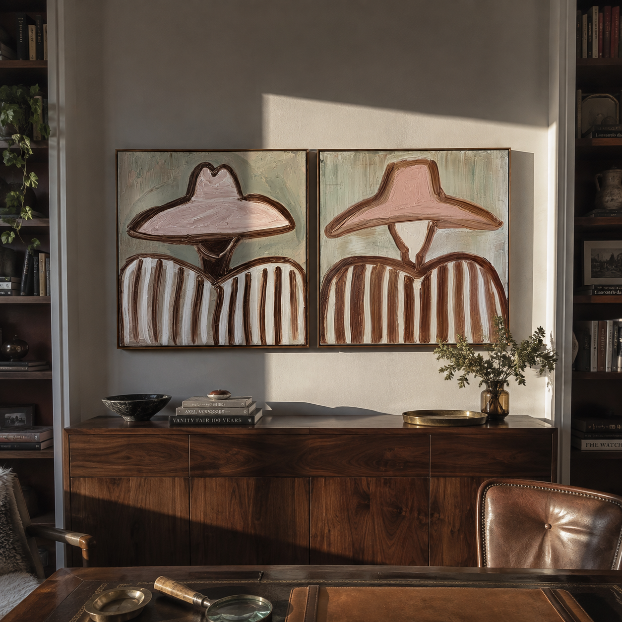 Wide Hats Hold Pastels Vintage Americana diptych in a collected room