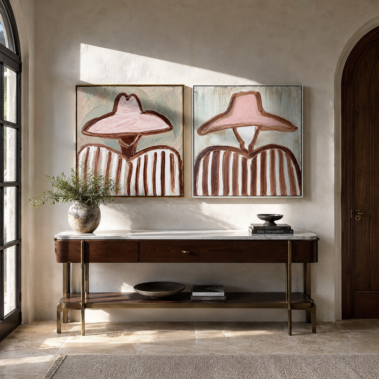 Wide Hats Hold Pastels diptych presented with natural materials and decor