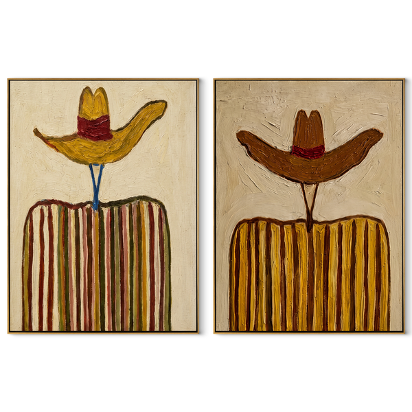 Rust Sombreros Reach High – rust Western Portrait Diptych Painting | Modern Vintage Americana Set of 2 Wall Art