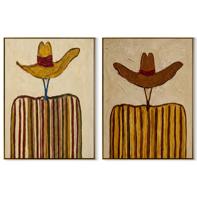 Rust Sombreros Reach High – rust Western Portrait Diptych Painting | Modern Vintage Americana Set of 2 Wall Art