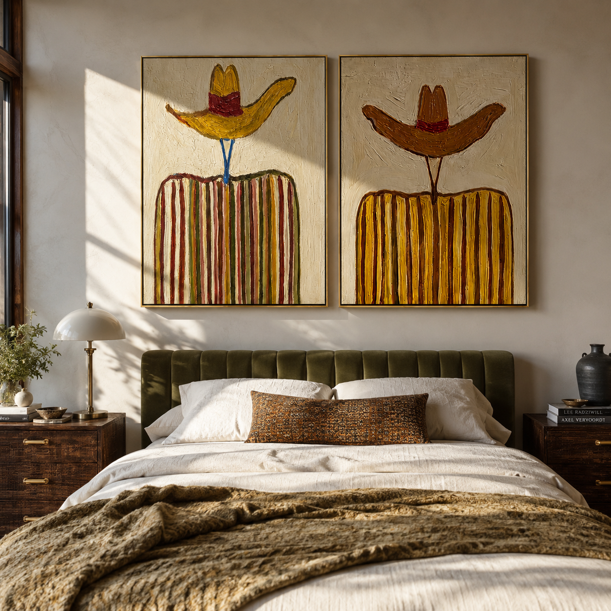 Rust Sombreros Reach High two-panel Western artwork with layered color