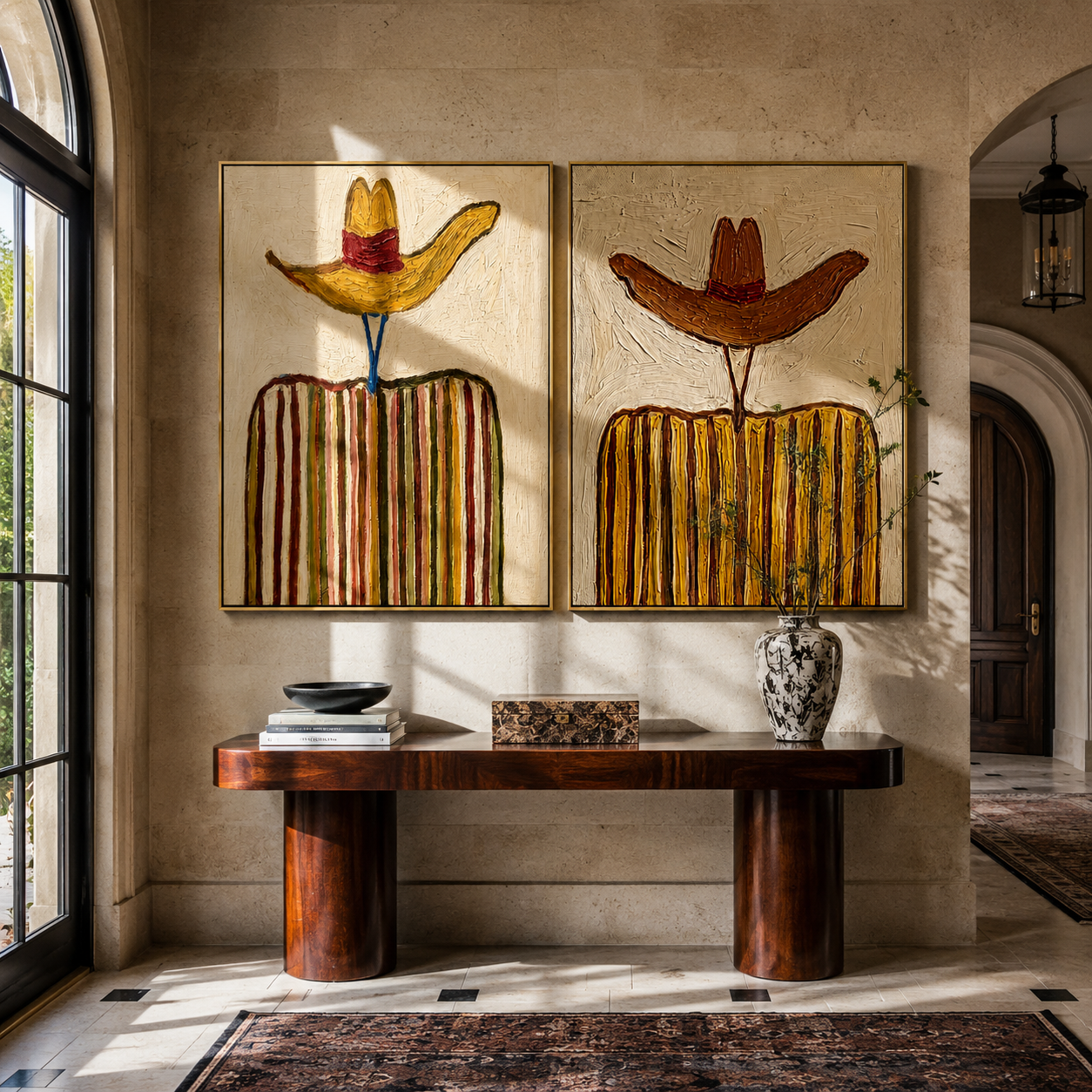 Rust Sombreros Reach High diptych presented with natural materials and decor