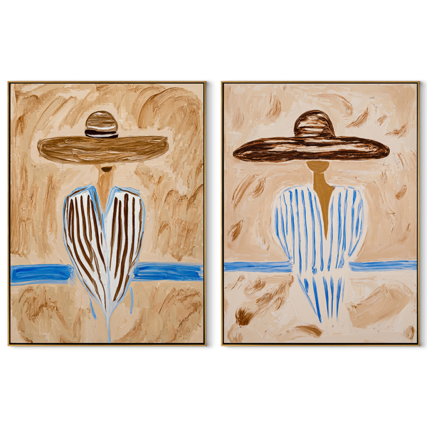 Blue Horizon Shades Brims – blue Western Portrait Diptych Painting | Modern Vintage Americana Set of 2 Wall Art