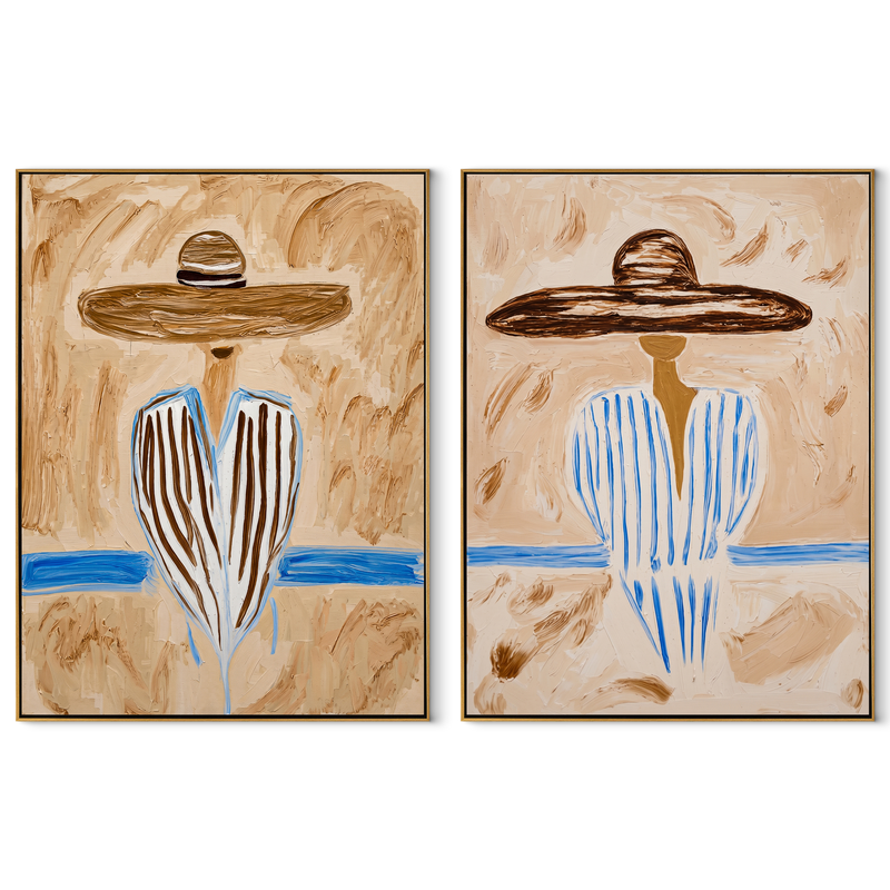Blue Horizon Shades Brims – blue Western Portrait Diptych Painting | Modern Vintage Americana Set of 2 Wall Art