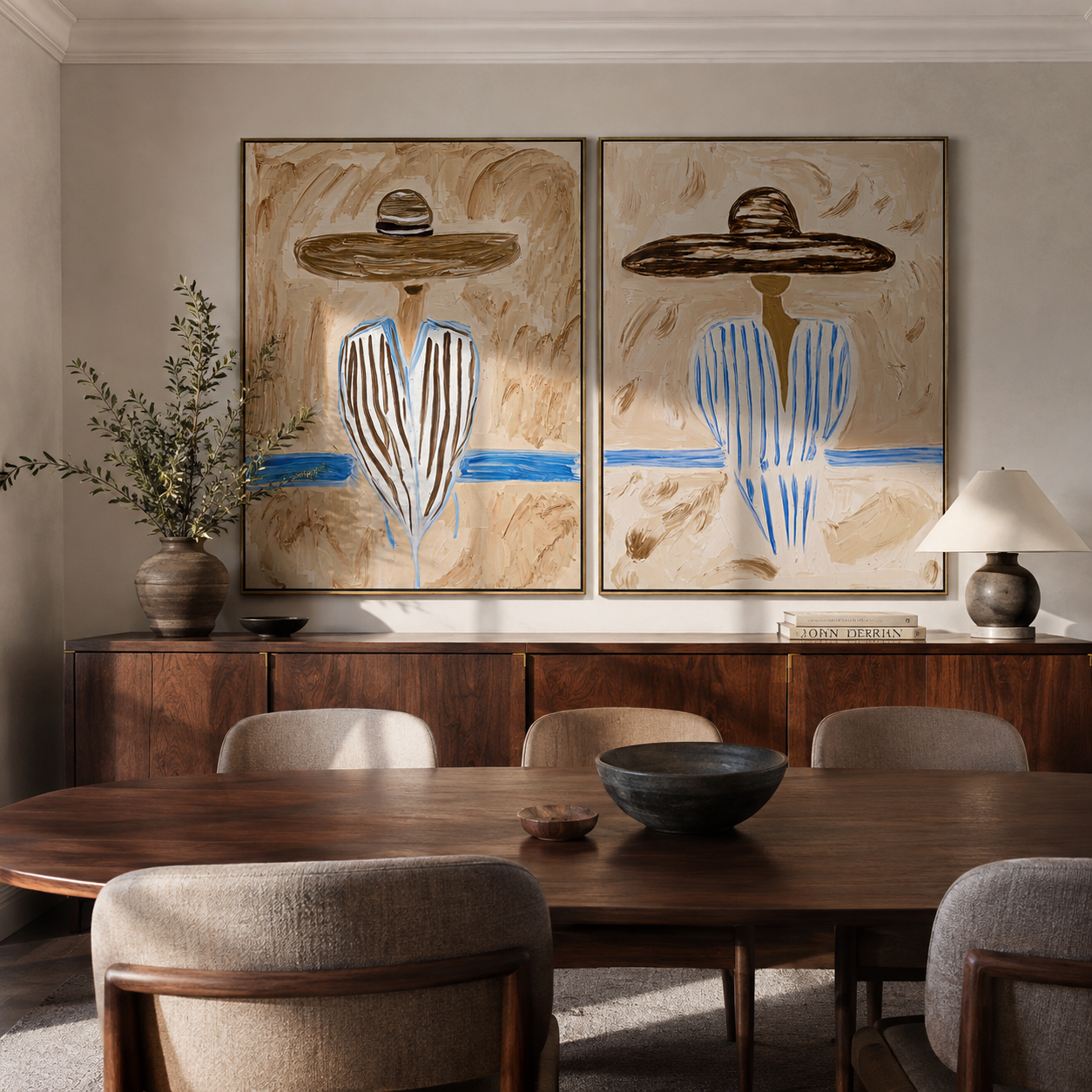 Blue Horizon Shades Brims paired wall art styled above modern furniture
