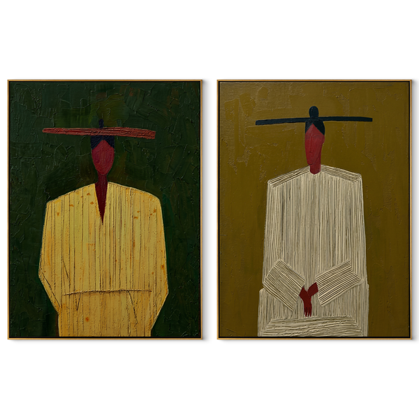Green And Red Stand – green Western Portrait Diptych Painting | Modern Vintage Americana Set of 2 Wall Art