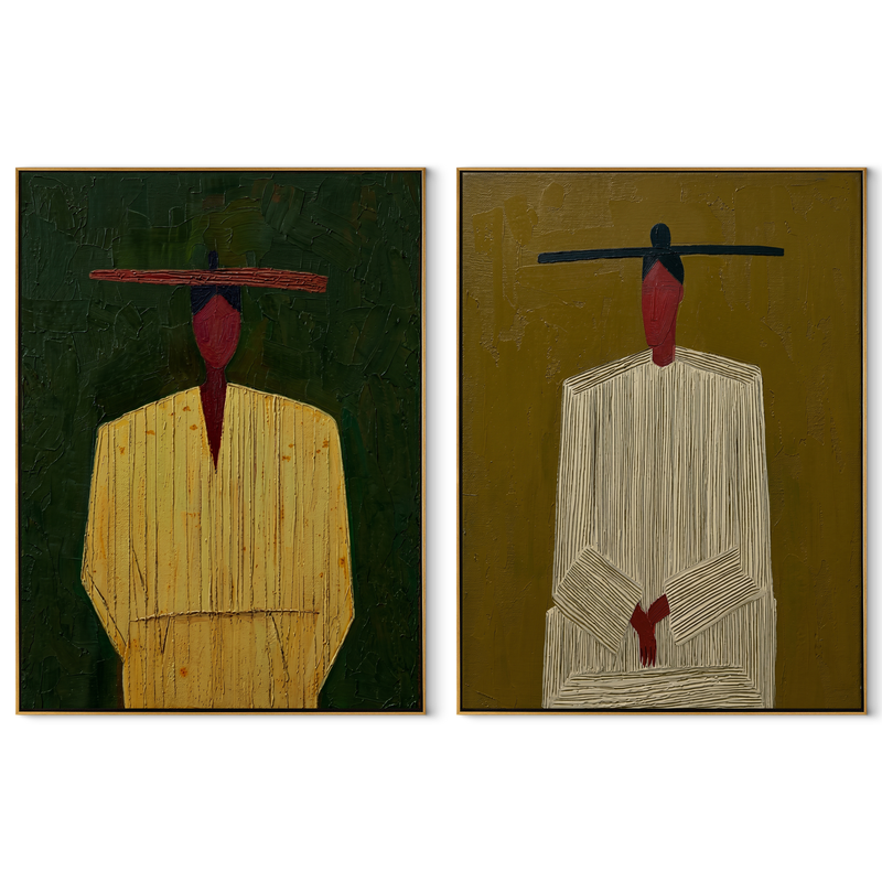 Green And Red Stand – green Western Portrait Diptych Painting | Modern Vintage Americana Set of 2 Wall Art