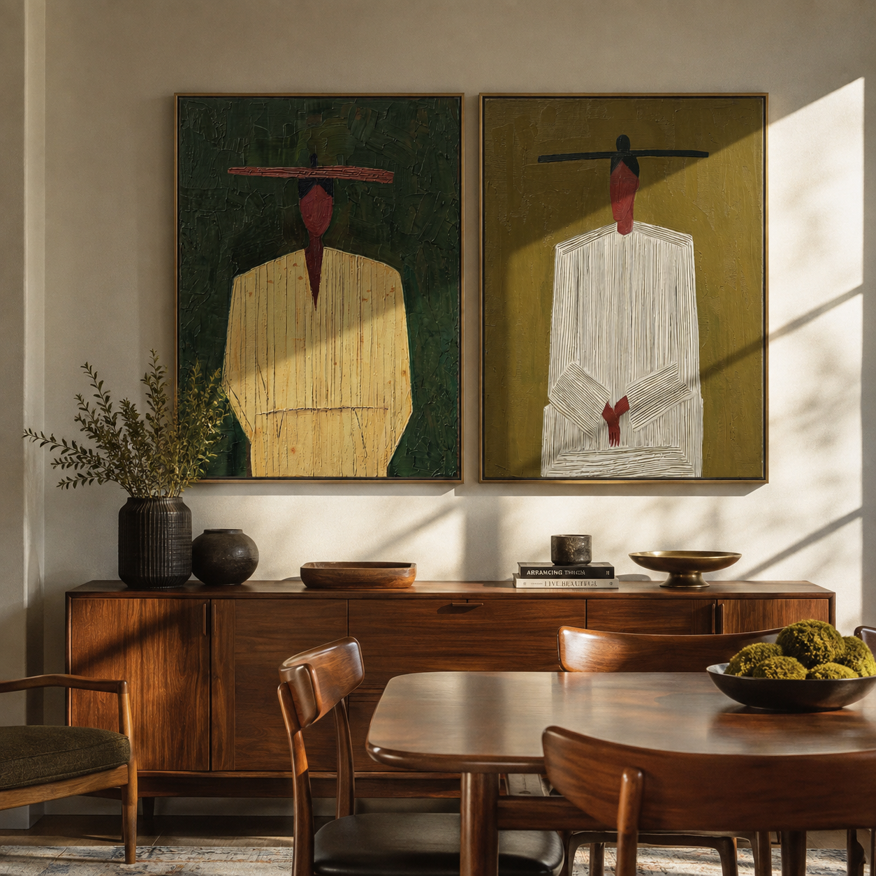 Green And Red Stand paired wall art styled above modern furniture