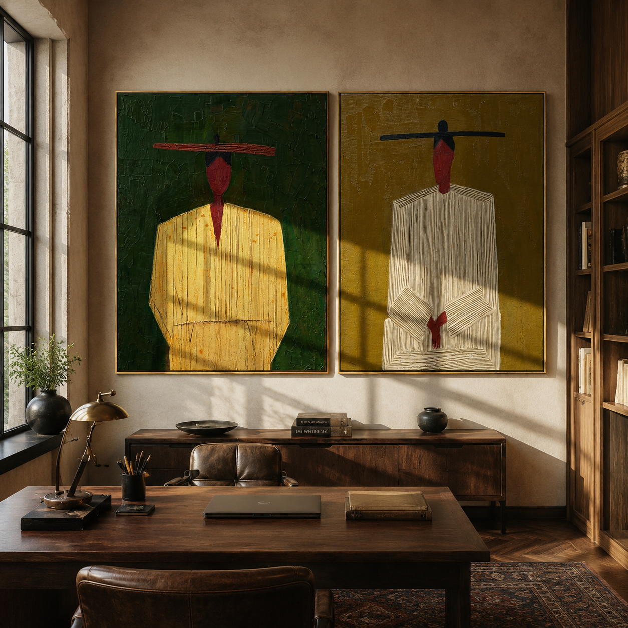 Green And Red Stand diptych presented with natural materials and decor