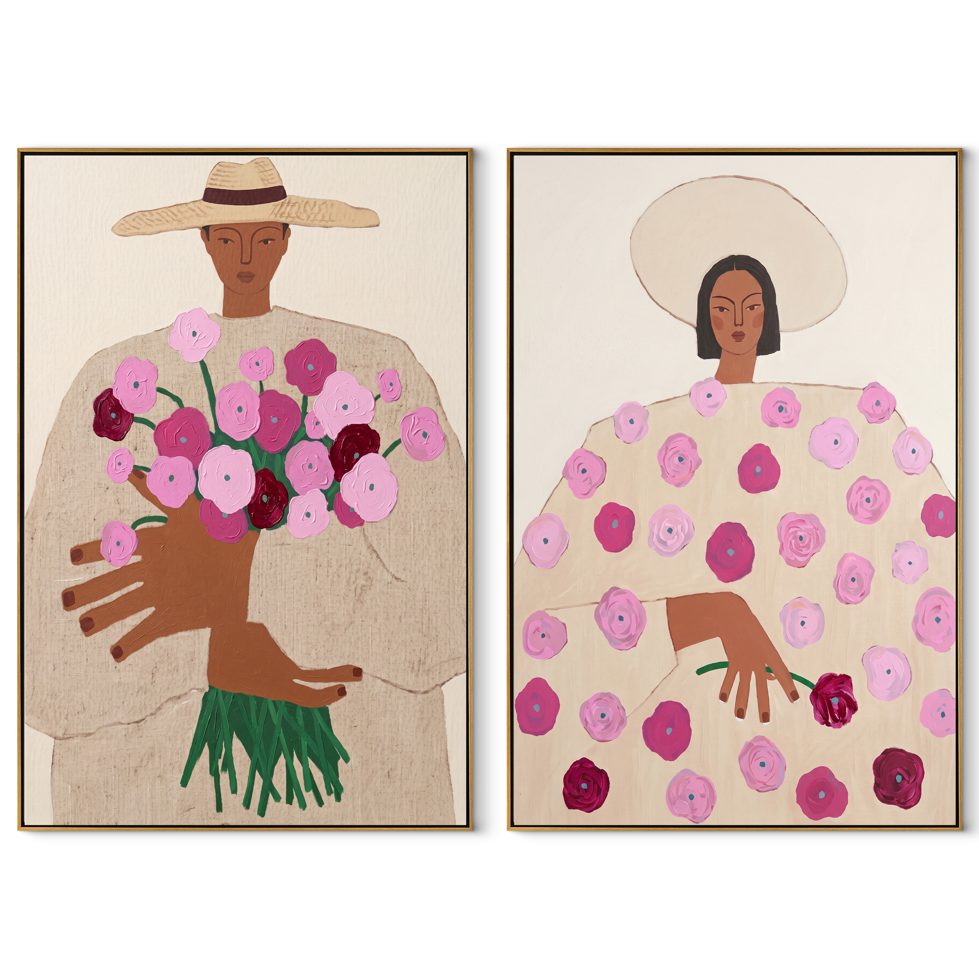 Bouquet Women Hold Spring set of two vertical canvas artworks on white