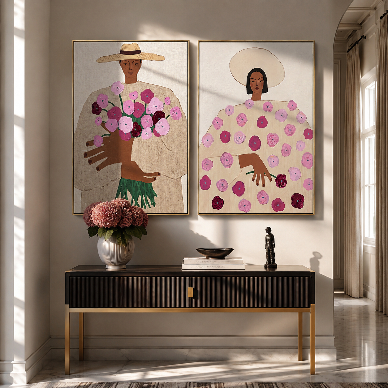Bouquet Women Hold Spring paired wall art styled above modern furniture
