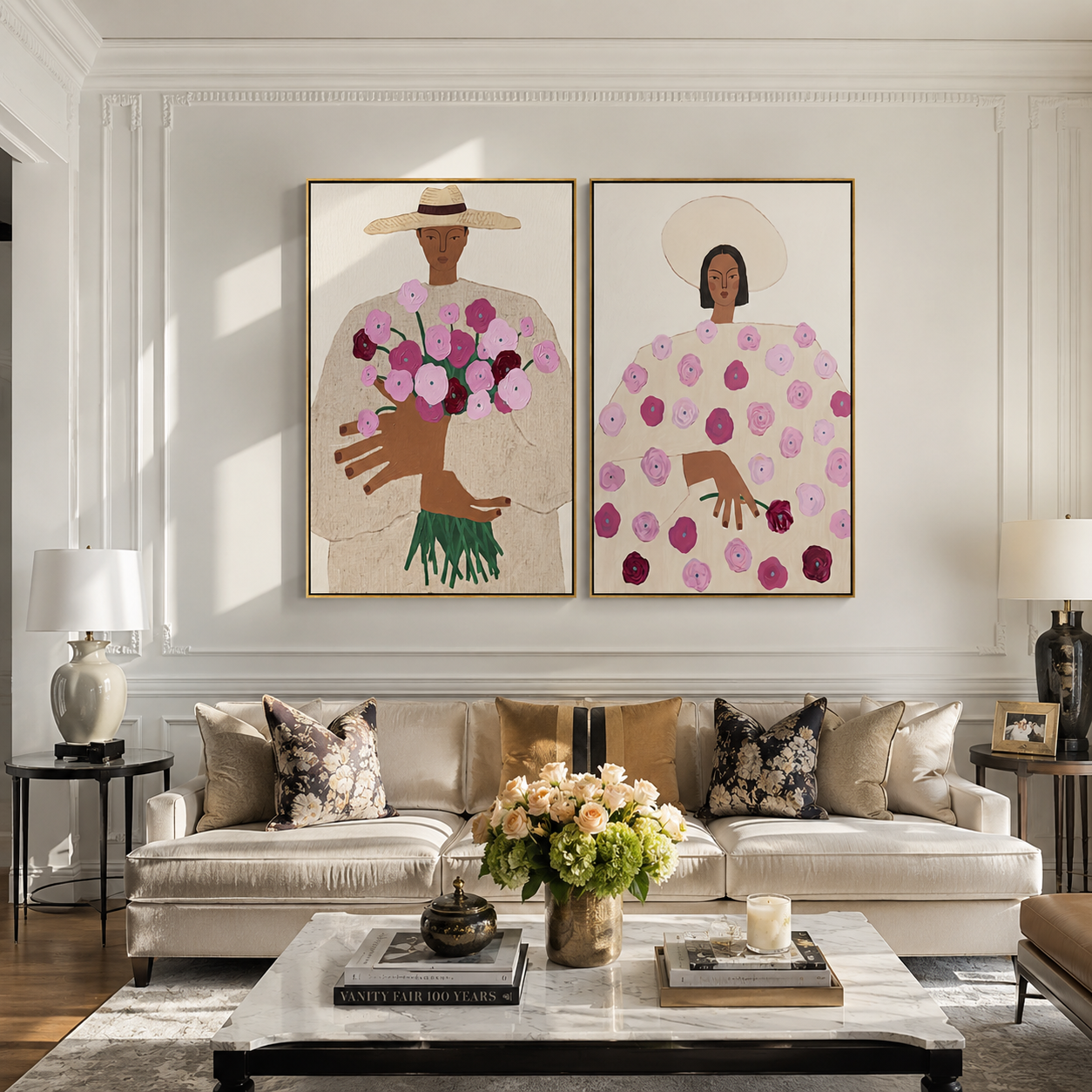 Bouquet Women Hold Spring Vintage Americana diptych in a collected room