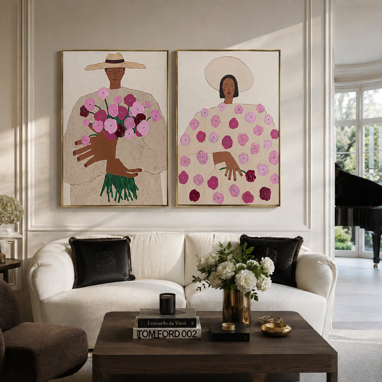 Bouquet Women Hold Spring two-panel Western artwork with layered color