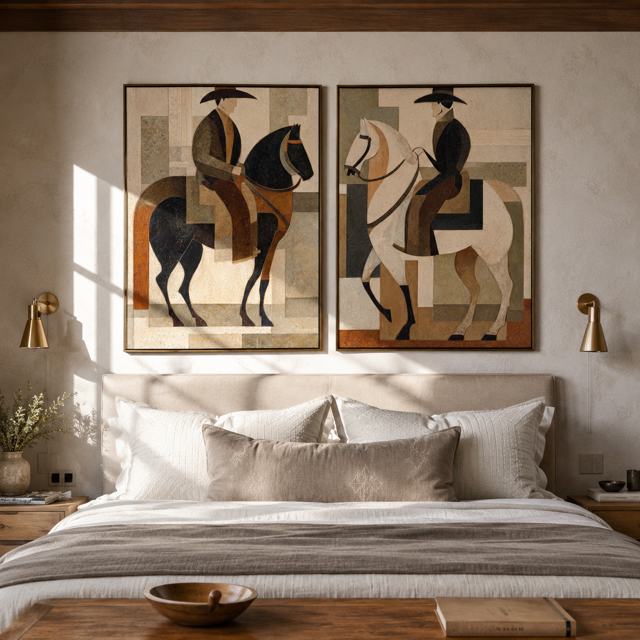 Riders Build Quiet Geometry Western diptych displayed in a contemporary interior