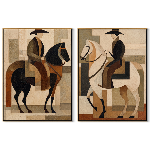 Riders Build Quiet Geometry – beige Western Rider Diptych Painting | Modern Vintage Americana Set of 2 Wall Art