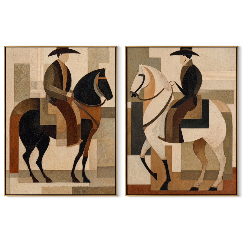 Riders Build Quiet Geometry – beige Western Rider Diptych Painting | Modern Vintage Americana Set of 2 Wall Art