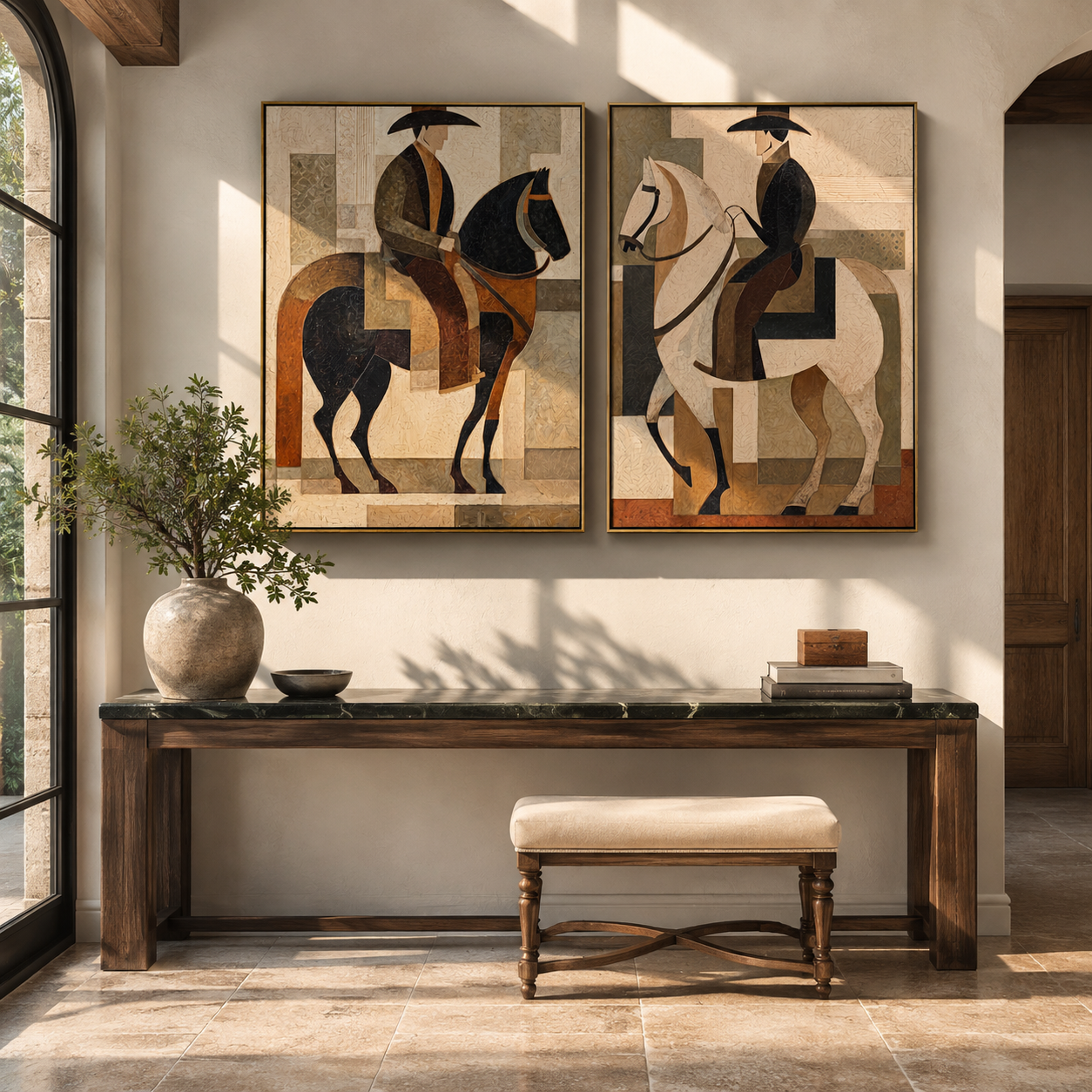 Riders Build Quiet Geometry paired wall art styled above modern furniture