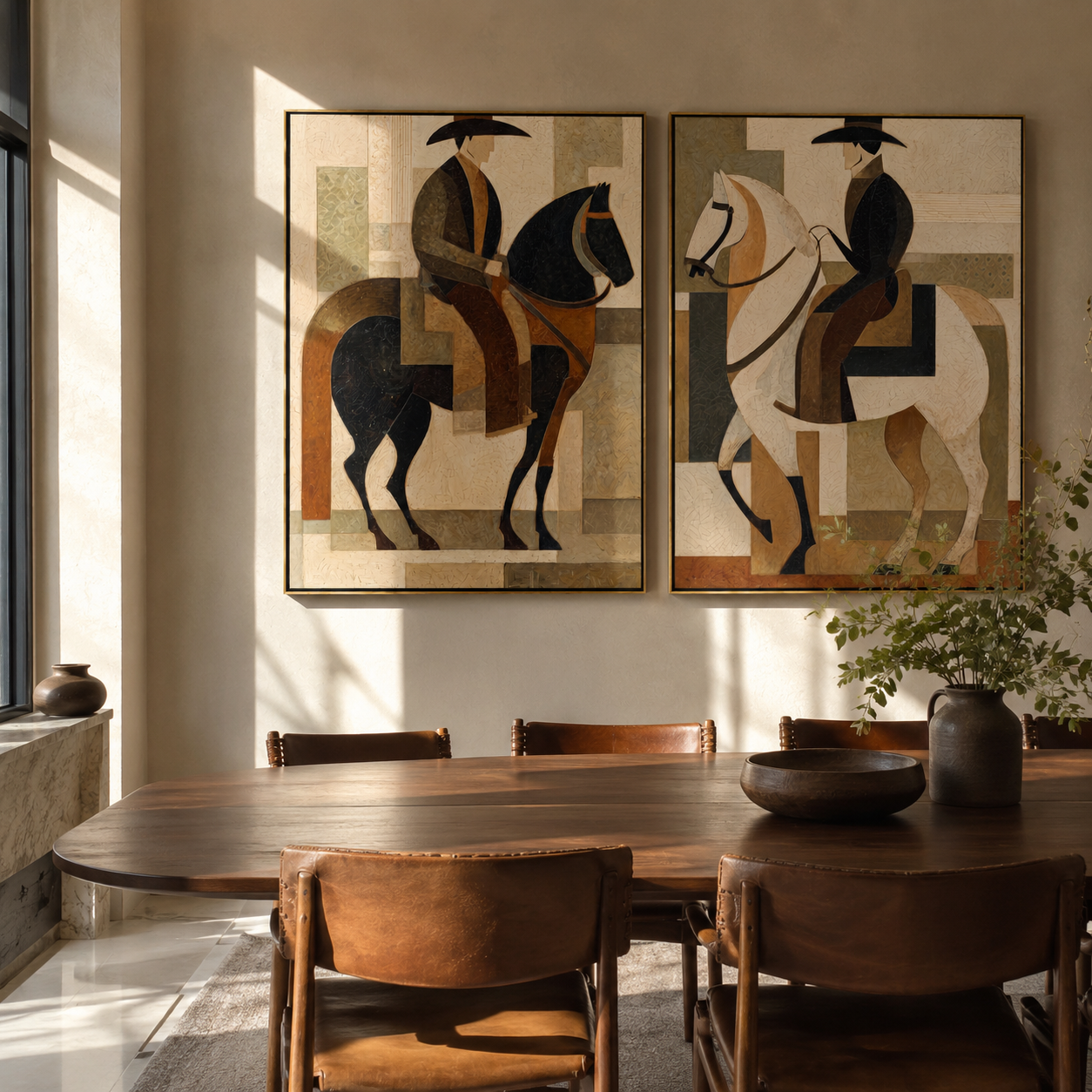 Riders Build Quiet Geometry Vintage Americana diptych in a collected room