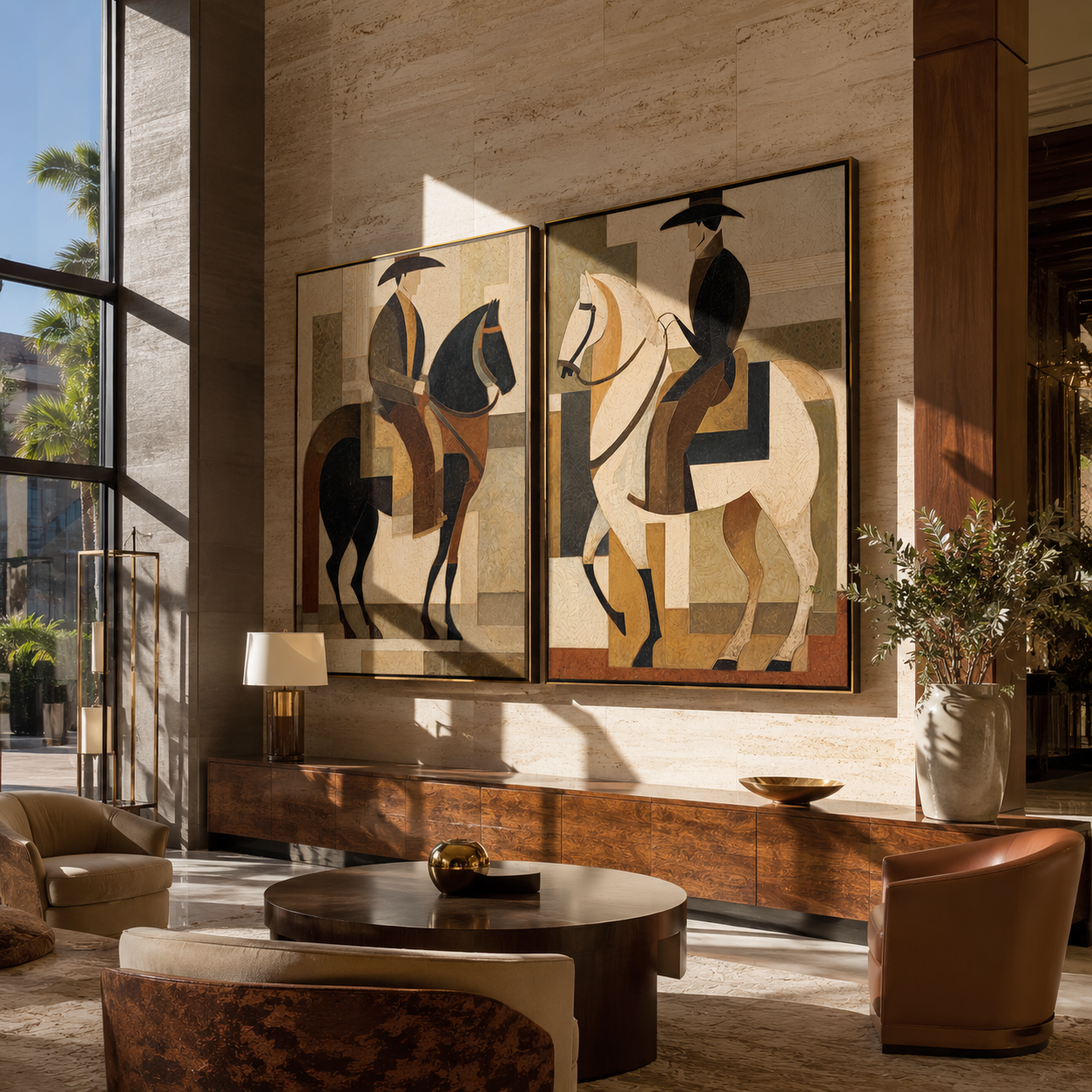 Riders Build Quiet Geometry two-panel Western artwork with layered color