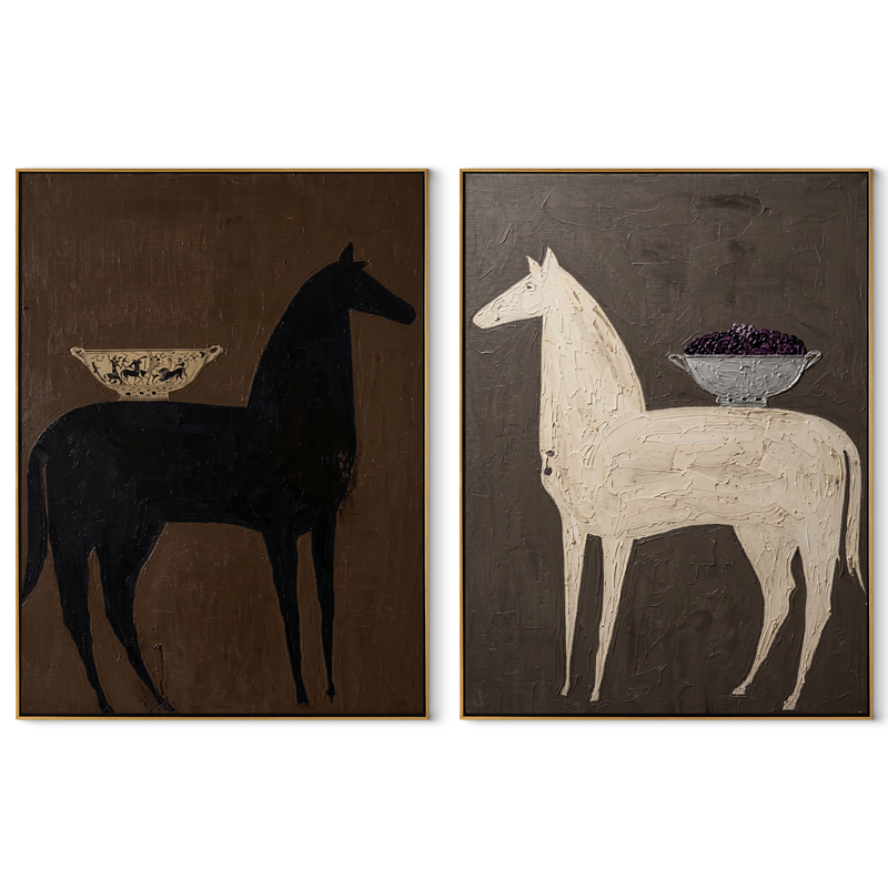 Patterned Saddles Cross Charcoal – charcoal Western Horse Diptych Painting | Modern Vintage Americana Set of 2 Wall Art