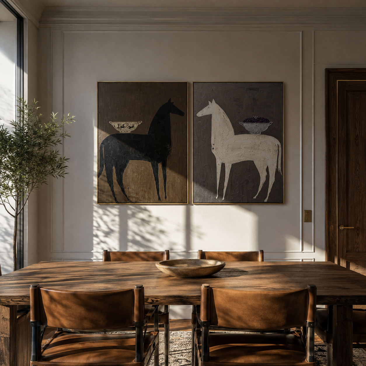 Patterned Saddles Cross Charcoal paired wall art styled above modern furniture
