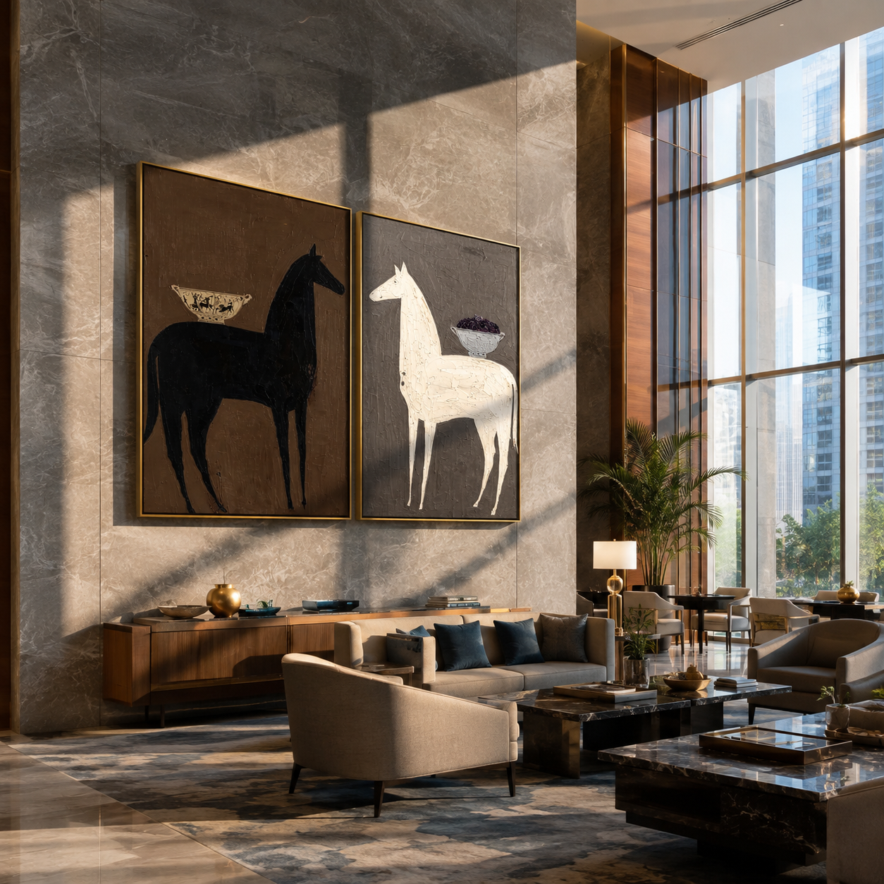 Patterned Saddles Cross Charcoal Vintage Americana diptych in a collected room