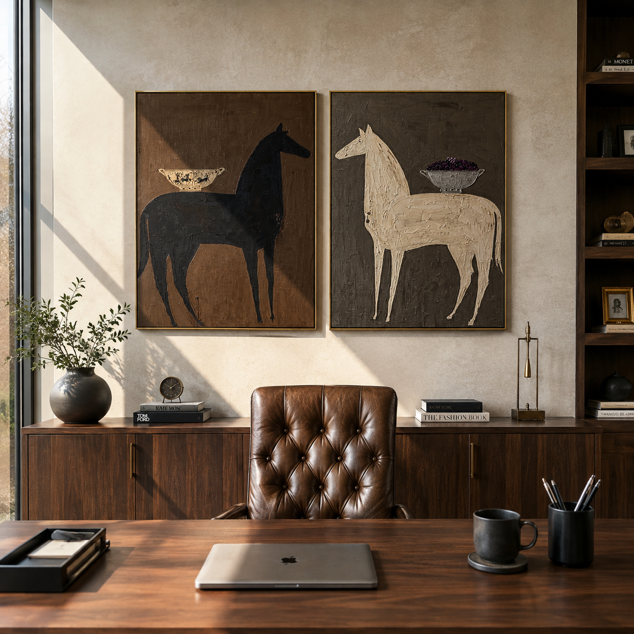 Patterned Saddles Cross Charcoal two-panel Western artwork with layered color