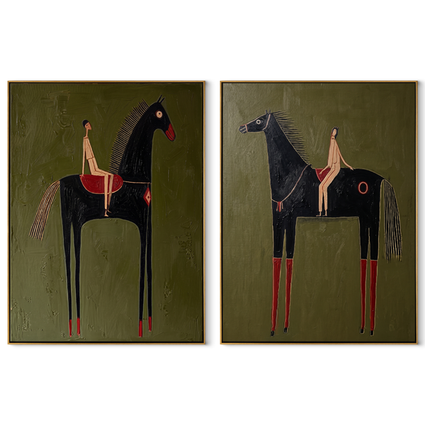 Black Horses Stand Tall – olive Western Rider Diptych Painting | Modern Vintage Americana Set of 2 Wall Art