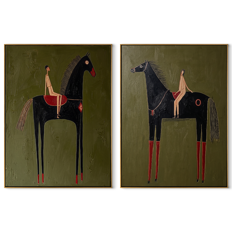 Black Horses Stand Tall – olive Western Rider Diptych Painting | Modern Vintage Americana Set of 2 Wall Art