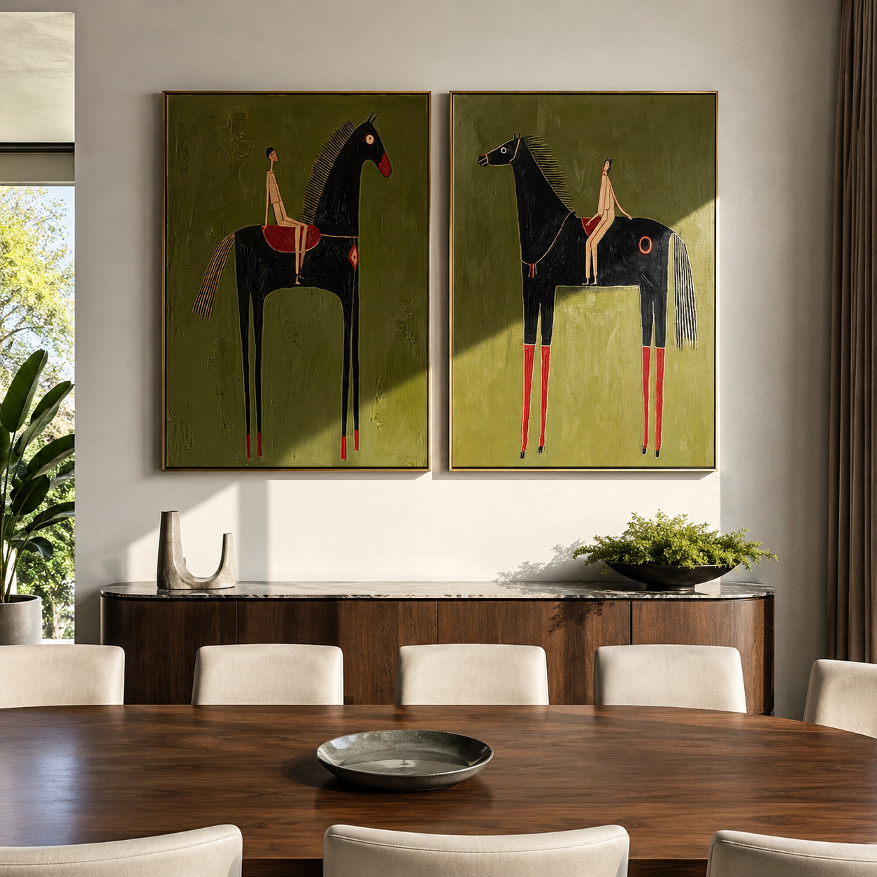Black Horses Stand Tall Vintage Americana diptych in a collected room